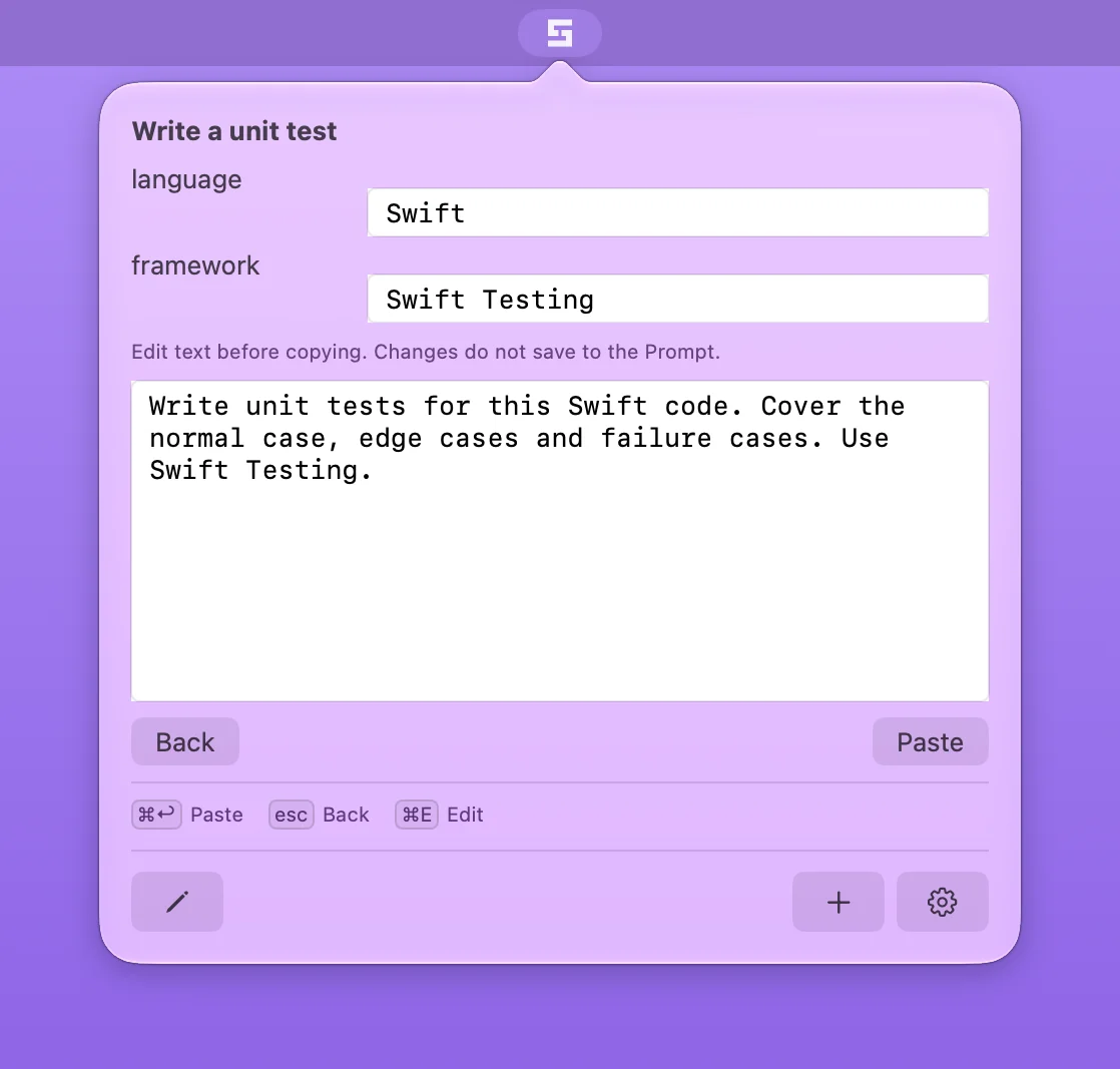 Filling in the Write a unit test prompt. Fields for language and framework, set to Swift and Swift Testing, sit above an editable preview of the text, with Back and Paste buttons below.