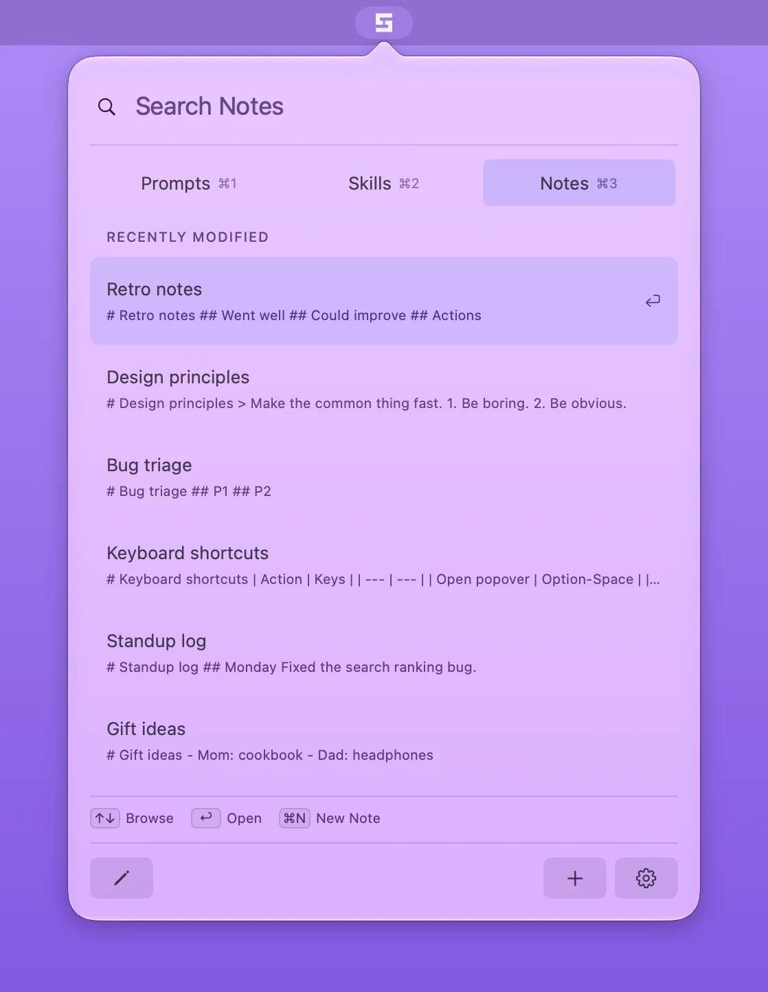 Stencilbar’s Notes tab, listing recently modified notes with Retro notes selected.