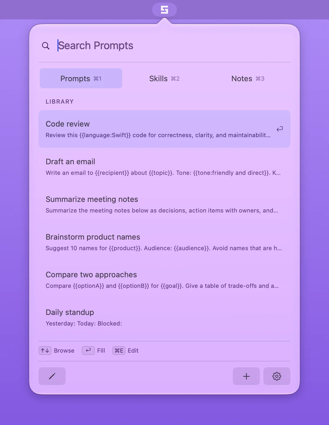 The Stencilbar popover open below its menu bar icon. It shows a search field, the Prompts, Skills, and Notes tabs, and a list of prompts with Code review selected.