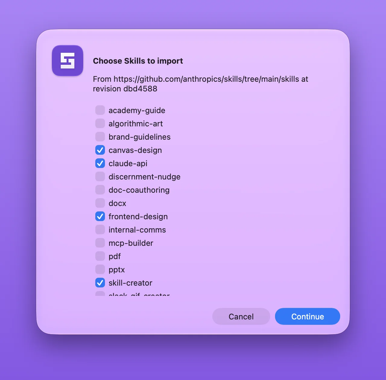 The Choose Skills to import dialog, listing skills from a GitHub folder at one revision, with four of them checked.