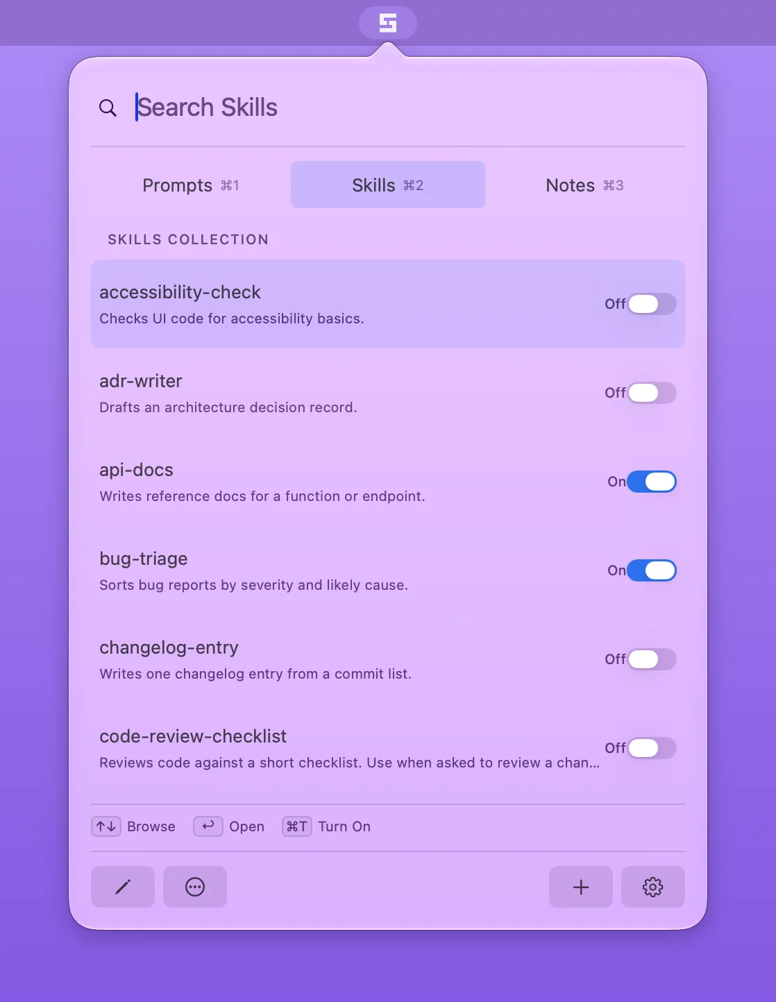 Stencilbar’s Skills tab, listing skills with descriptions and On or Off switches.